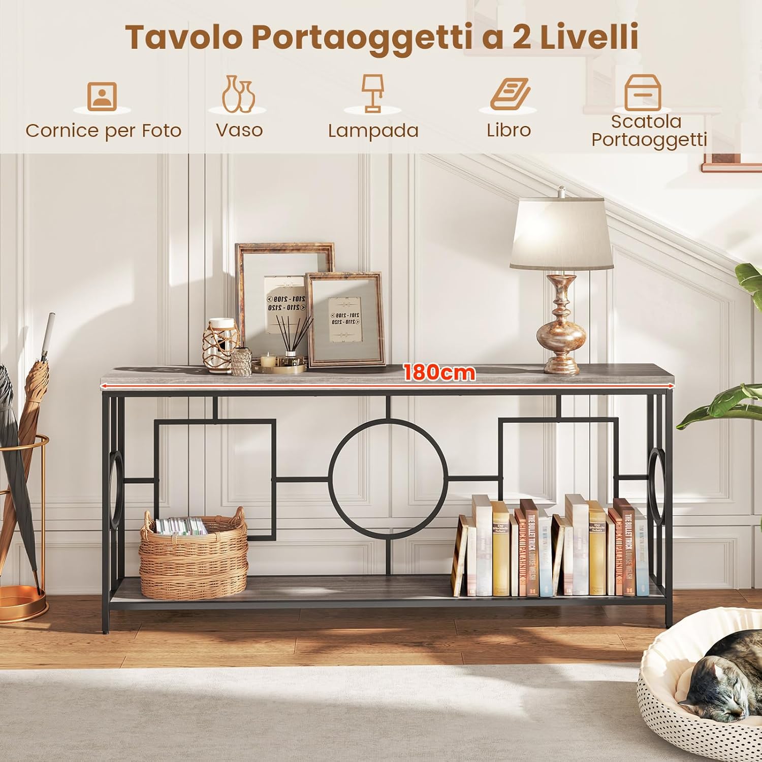 Tavolo Consolle Moderno, Tavolo d’Ingresso Stretto a 2 Ripiani, Tavolo Console Extra Lungo con Struttura in Metallo Robusto, Ideale per Corridoio e Ingresso