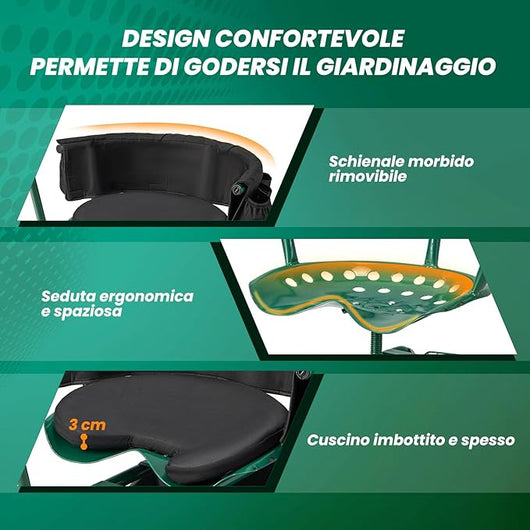 Sgabello per Giardinaggio con Ruote, Carrello da Giardino Regolabile in Altezza con Sedile Girevole a 360, Cuscino, 2 Maniglie di Sterzo e Vassoio Porta Utensili