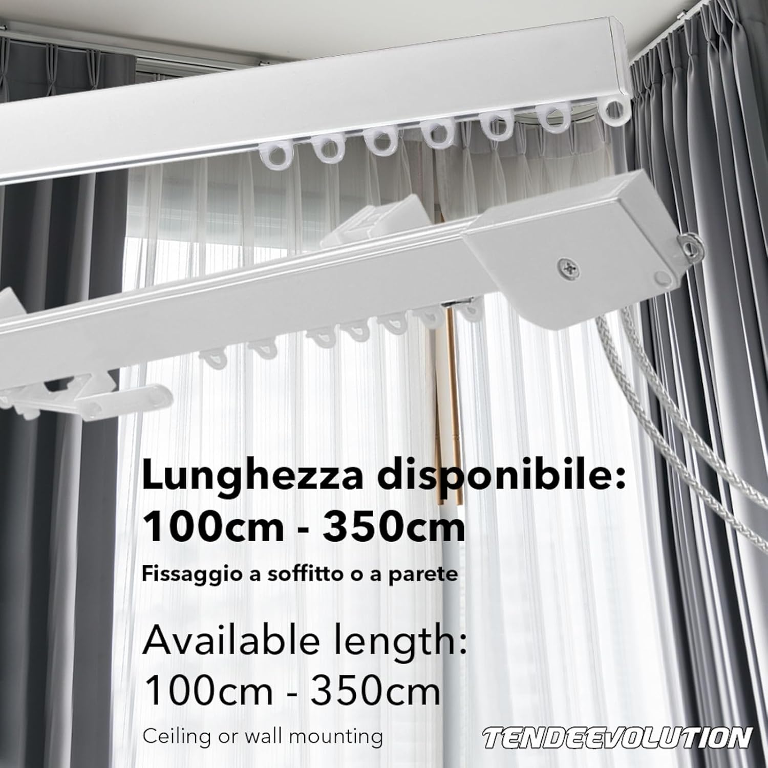 Binario Scorritenda Lineare in Alluminio Bianco da Soffitto Movimento a Strappo Bastone Tenda Retto e Robusto Lung 240cm