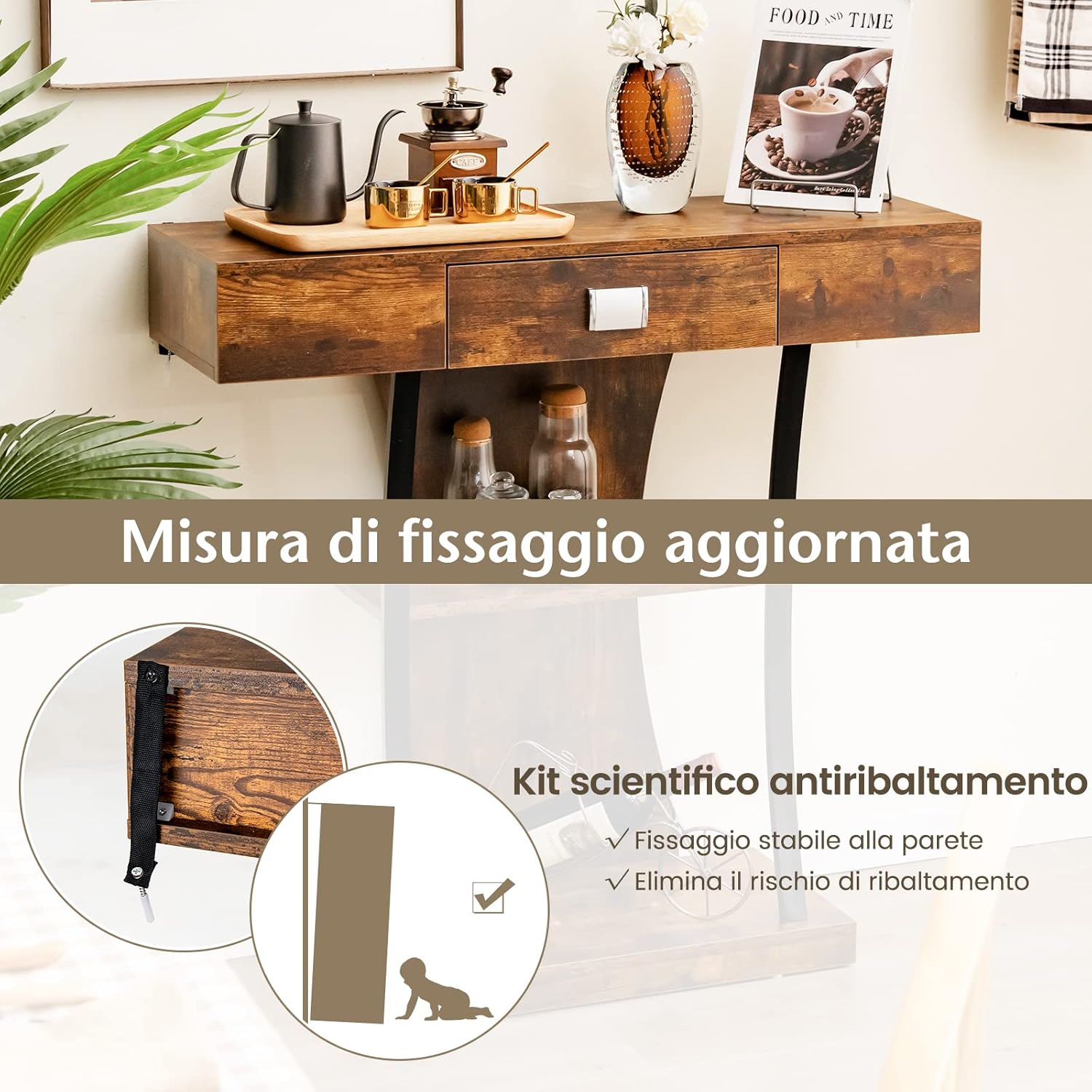 Tavolo Consolle in Legno, Tavolo Ingresso con Cassetti, Ripiani e 2 Kit Anti-ribaltamento, Tavolo Multiuso e Salvaspazio per Salotto, Camera da Letto e Corridoio, 91 x 30 x 88 cm