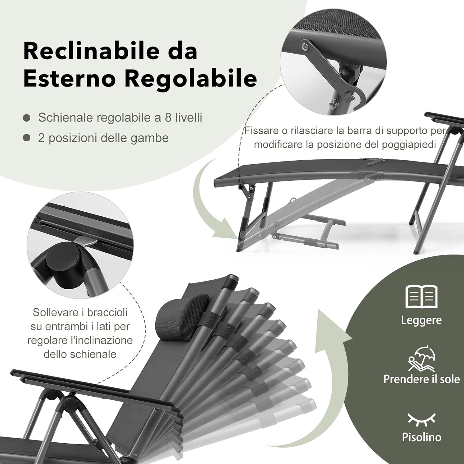 Lettino a Sdraio in Alluminio per Esterno, Chaise Longue da Esterno Regolabile con Schienale a 6 Posizioni, Ideale per Piscina, Spiaggia e Patio, Nero