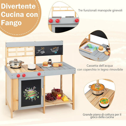 Cucina Giocattolo per Bambini all'Aperto, Cucina di Fango in Legno con Scatola dell'Acqua Rimovibile, Lavagna, Copertura Removibile e Scaffale Aperto, 3 anni+