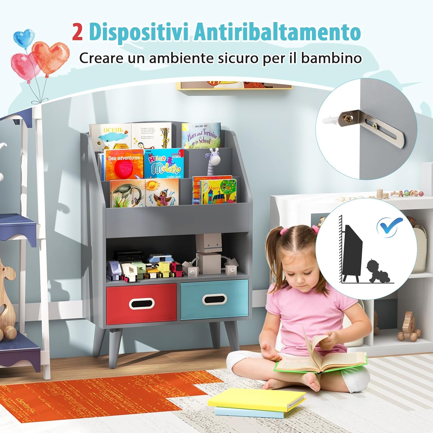 Libreria per Bambini, Scaffale in Legno per Bambini con 3 Ripiani, Scomparto Aperto e 2 Cassetti in Tessuto Pieghevoli, Organizzatore per Giocattoli, 63x30x97 cm (Grigio)