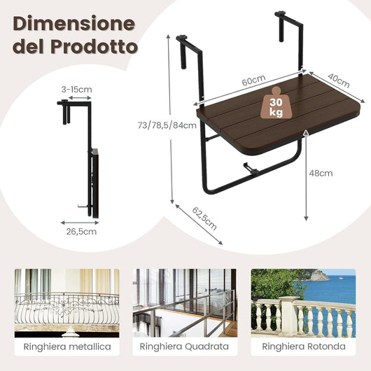 Tavolino Pieghevole da Balcone, Regolabile in Altezza, Tavolo da Appendere Adatto a Ringhiera da 3-15 cm, 62,5x60x84 cm, per Giardino Esterno Terrazzo (Marrone)