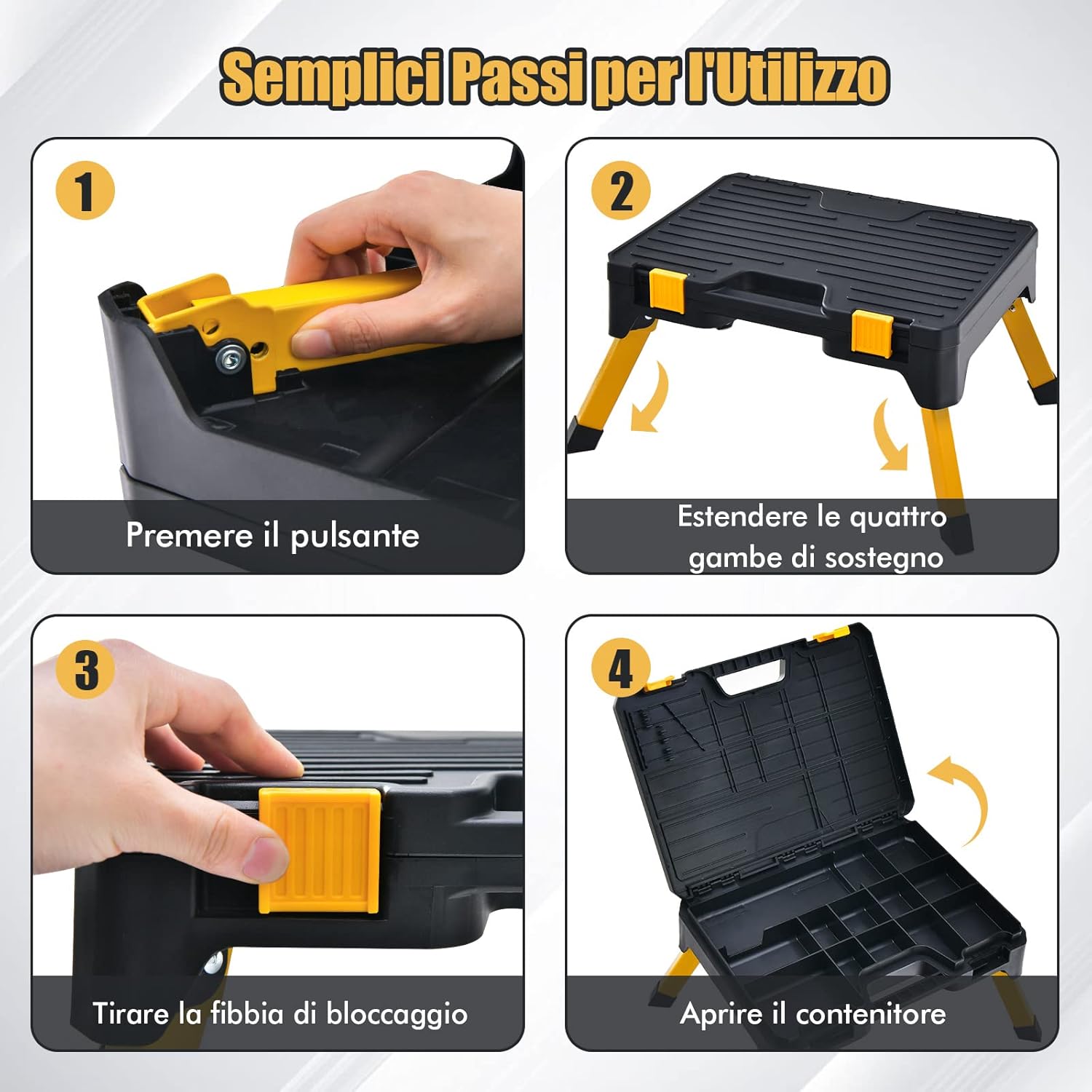 Scaletta Pieghevole con Cassetta Porta Attrezzi, 2 in 1 Sgabello con 13 Scomparti, Ampio Pedale e Piedi Antiscivolo, Portata 150 kg, per Officina Casa e Ufficio