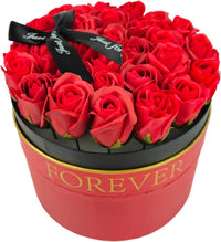 Box tondo Rose rosse artificiali bouquet di 29 rose perenni, confezione mazzo di rose per San Valentino, cm 23x23x14 scatola in cartone rosso