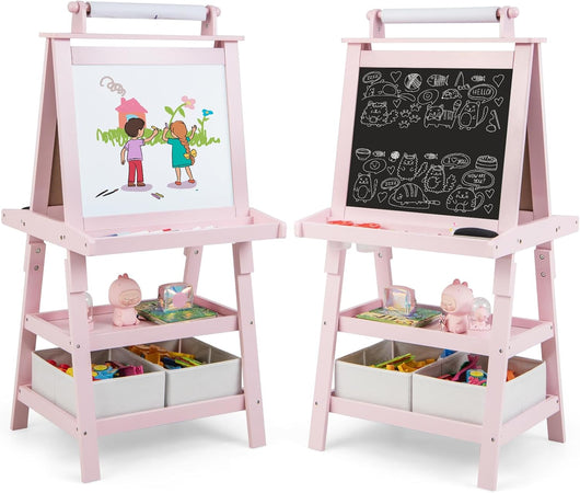 3 in 1 Cavalletto per Bambini con Doppia Faccia, Cavalletto per Disegno con 2 Vassoi e 2 Scatole, Lavagna Bambini in Legno (Rosa)