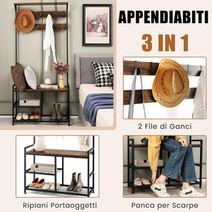 4 in 1 Stand Appendiabiti, Attaccapanni con Panchina Scarpiera e 9 Ganci Rimovibili, in Metallo, Ideale per Ingresso Corridoio, 84x30,5x183 cm