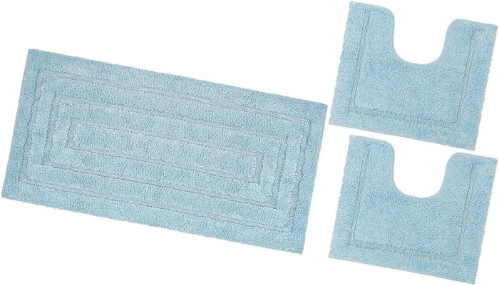 Tappeto Bagno Parure Set 3 Pezzi Puro Cotone Elegante Morbido Soffice Antiscivolo Azzurro