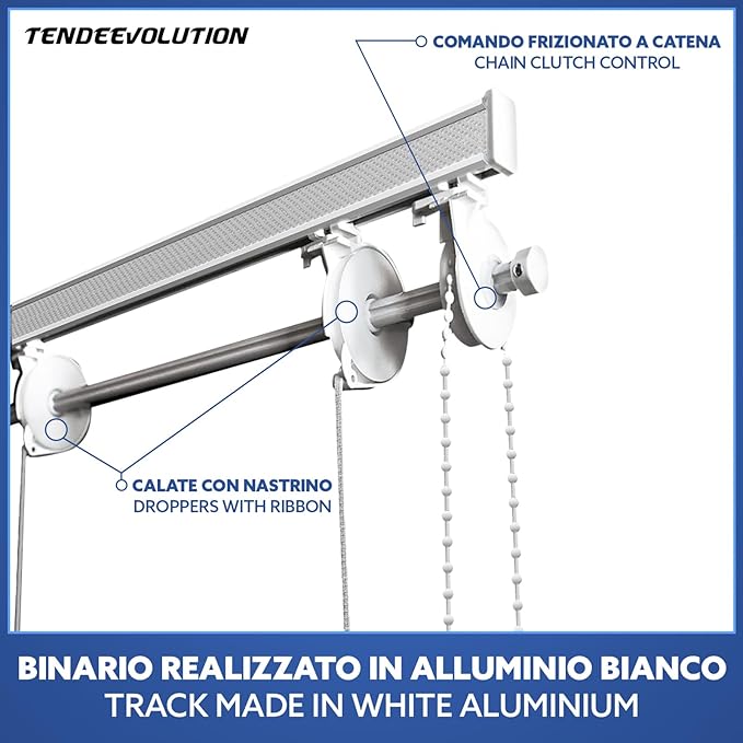 BASTONE BINARIO PER TENDA A PACCHETTO CON 10 CALATE  IN ALLUMINIO BIANCO Lungh. 280 CM Attacco Soffitto COMANDO A SX