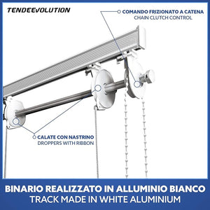 BASTONE BINARIO PER TENDA A PACCHETTO CON 10 CALATE  IN ALLUMINIO BIANCO Lungh. 300 CM Attacco Soffitto COMANDO A SX