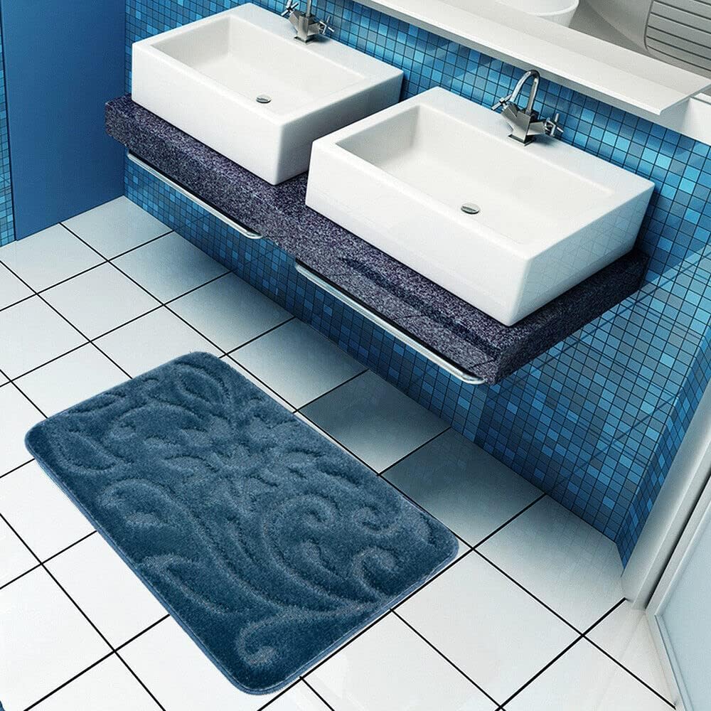 Tappeto Bagno Morbido Scendiletto Moderno Elegante Antiscivolo Assorbente Blu 55x90 cm