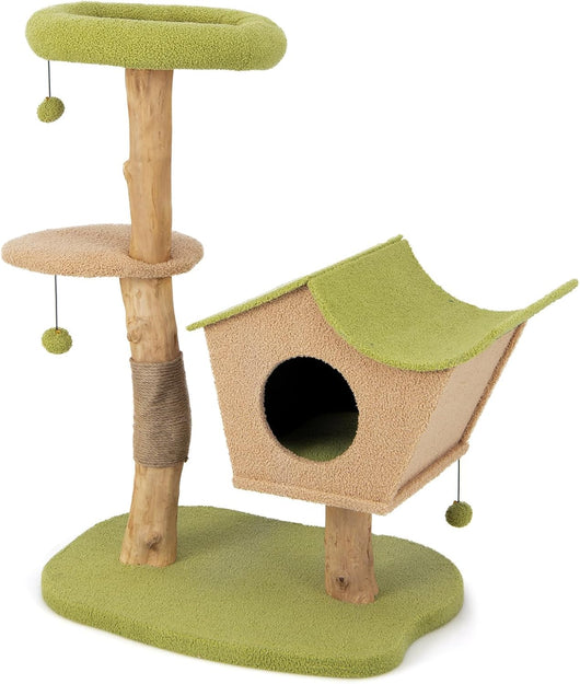 Albero per Gatti da 110 cm, Torre per Gatti in Legno con Cuccia Imbottita, Nicchia per Gatti, Tiragraffi, Piattaforma di Salto, Base Pesante e Palline Appese