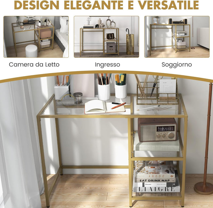 Tavolo Console Moderno da 106 cm, Tavolo d'Ingresso in Vetro Temperato con 2 Ripiani Aperti e Telaio in Metallo, Tavolo Stretto per Ingresso, Corridoio e Soggiorno