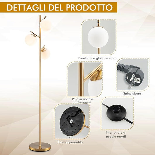 Lampada da Terra a 3 Globi, Lampada a Stelo Moderna con Comodo Interruttore a Pedale, 3 Basi per Lampadine e Robusto Palo in Metallo, Ideale per Salotto, Camera da Letto e Studio