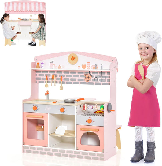 Cucina & Ristorante per Bambini 2 in 1, Cucina Giocattolo a Doppia Faccia con Forno, Fornello, Barbecue, Tenda Regolabile e Rubinetto in Legno, Cucina e Ristorante per Bambini 3-8 Anni