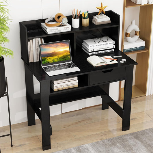 Scrivania Piccola con Libreria, Scrivania Salvaspazio con Prese di Corrente, Porte USB, Tipo C, Cassetto, Ripiano Superiore e Ripiano Aperto, per Casa, Ufficio e Studio (Nero)