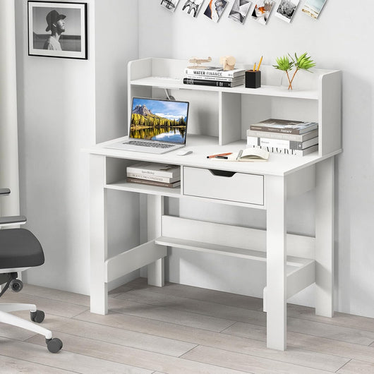 Scrivania Piccola con Libreria, Scrivania Salvaspazio con Prese di Corrente, Porte USB, Tipo C, Cassetto, Ripiano Superiore e Ripiano Aperto, per Casa, Ufficio e Studio (Bianco)