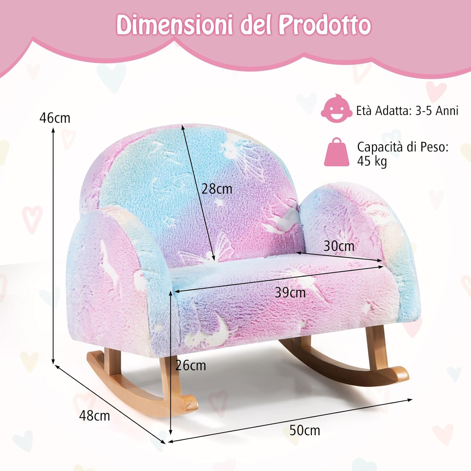 Sedia Dondolo per Bambini da 3 a 5 Anni, Poltrona in Flanella con Gambe in legno, Motivi che si Illuminano al Buio, per Cameretta e Soggiorno, 50 x 48 x 46 cm