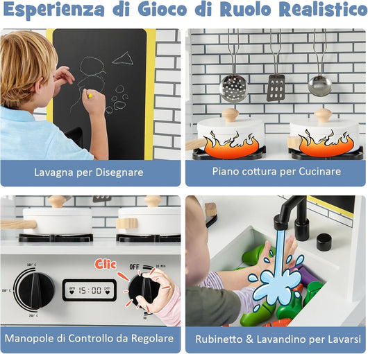 Set da Cucina Giocattolo, Cucina di Gioco per Bambini in Legno con Lavagna Aggiuntiva, Ripiani e Ganci di Stoccaggio, per Bambini 3 anni+, Bianco