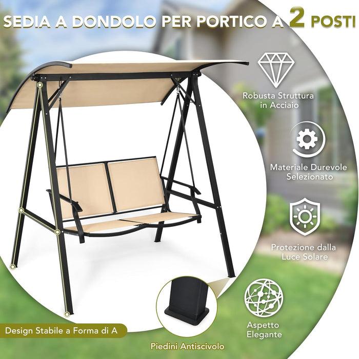 Dondolo da Giardino con Tettuccio Regolabile, Dondolo Altalena 2 Posti con Telaio in Metallo e Parasole, per Bordo Piscina, Giardino, Balcone, Portata 240 kg