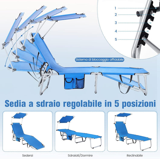 Lettino Prendisole con Parasole, Sedia a Sdraio Pieghevole da Giardino con Schienale Reclinabile, per Spiaggia Patio Piscina (blu)