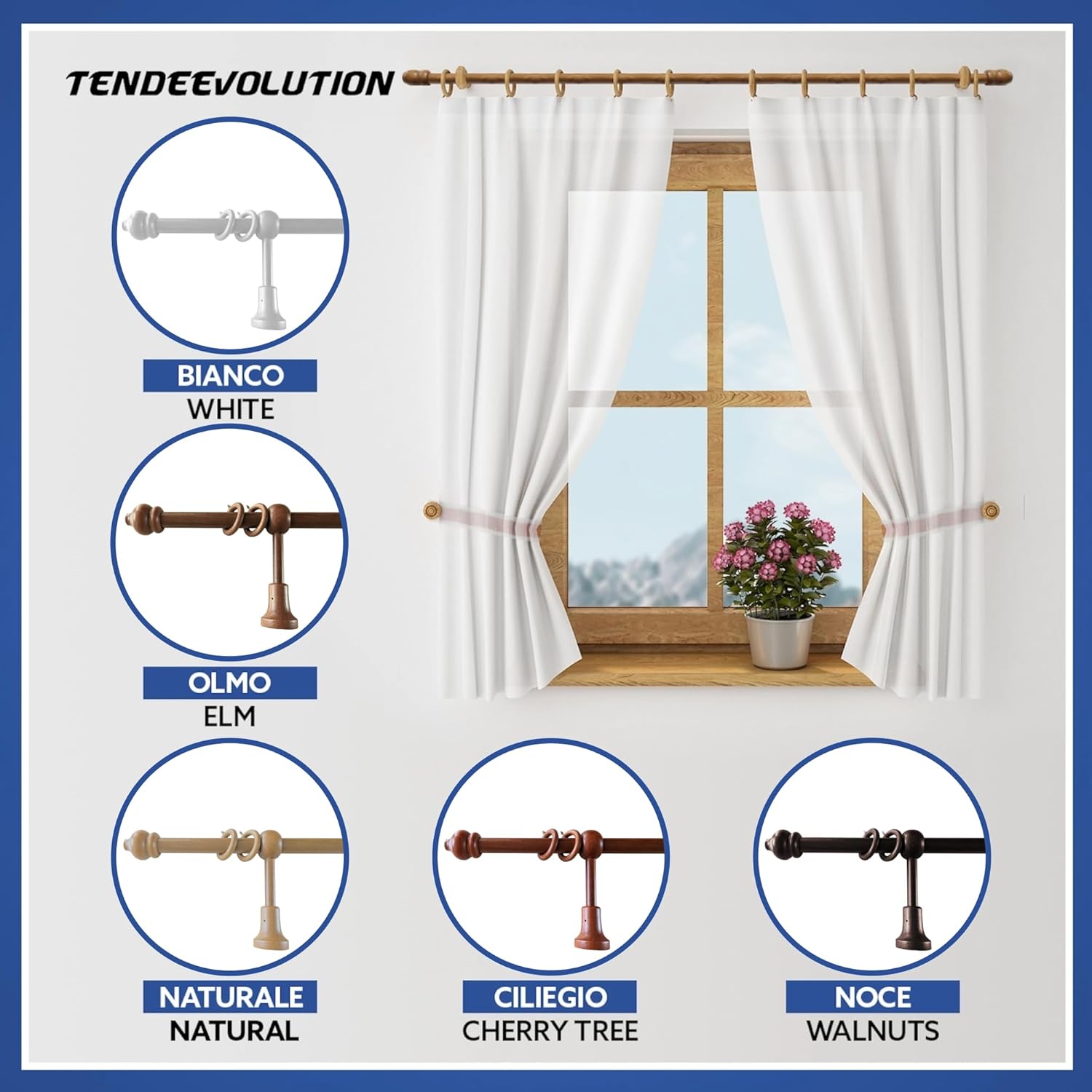 Bastone Tenda in Legno di Alta Qualità, diametro 23 mm a strappo colore ciliegio lunghezza 200 CM