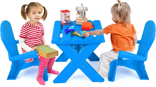 Set Tavolino e Sedie per Bambini in Plastica, Tavolino Bambini con 2 Sedie Adirondack, per Cameretta, Soggiorno e Esterno, per Bambini da 3 a 6 Anni (Blu)