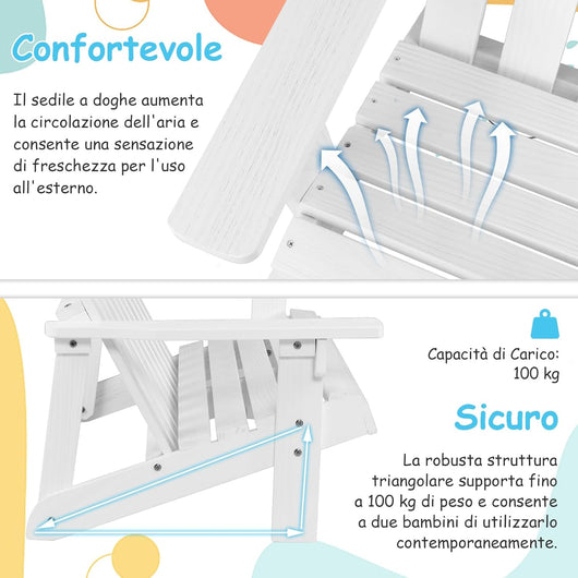 Sedia Adirondack per Bambini in Legno di Abete, Panchina da Esterno Traspirante con Schienale Alto e Braccioli, Portata 100 kg, per 1-3 Bambini, Sedia da Giardino Balcone e Cortile (Bianco)