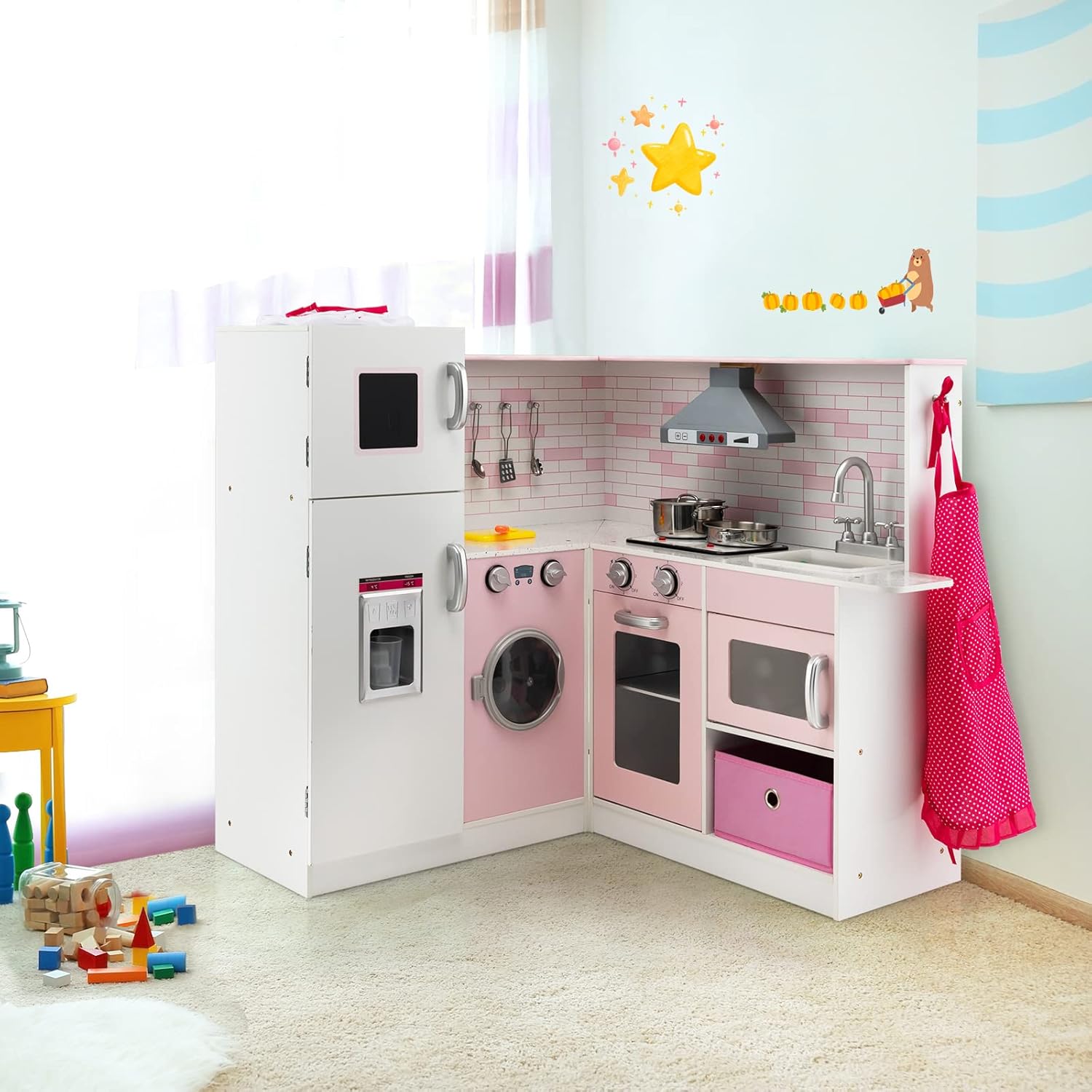 Cucina Giocattolo per Bambini in Legno, Mini Cucina Angolare per Bambini con Luci e Suoni Interattivi e Accessori per Cucina, Ideale per Bambini più di 3 Anni, Rosa