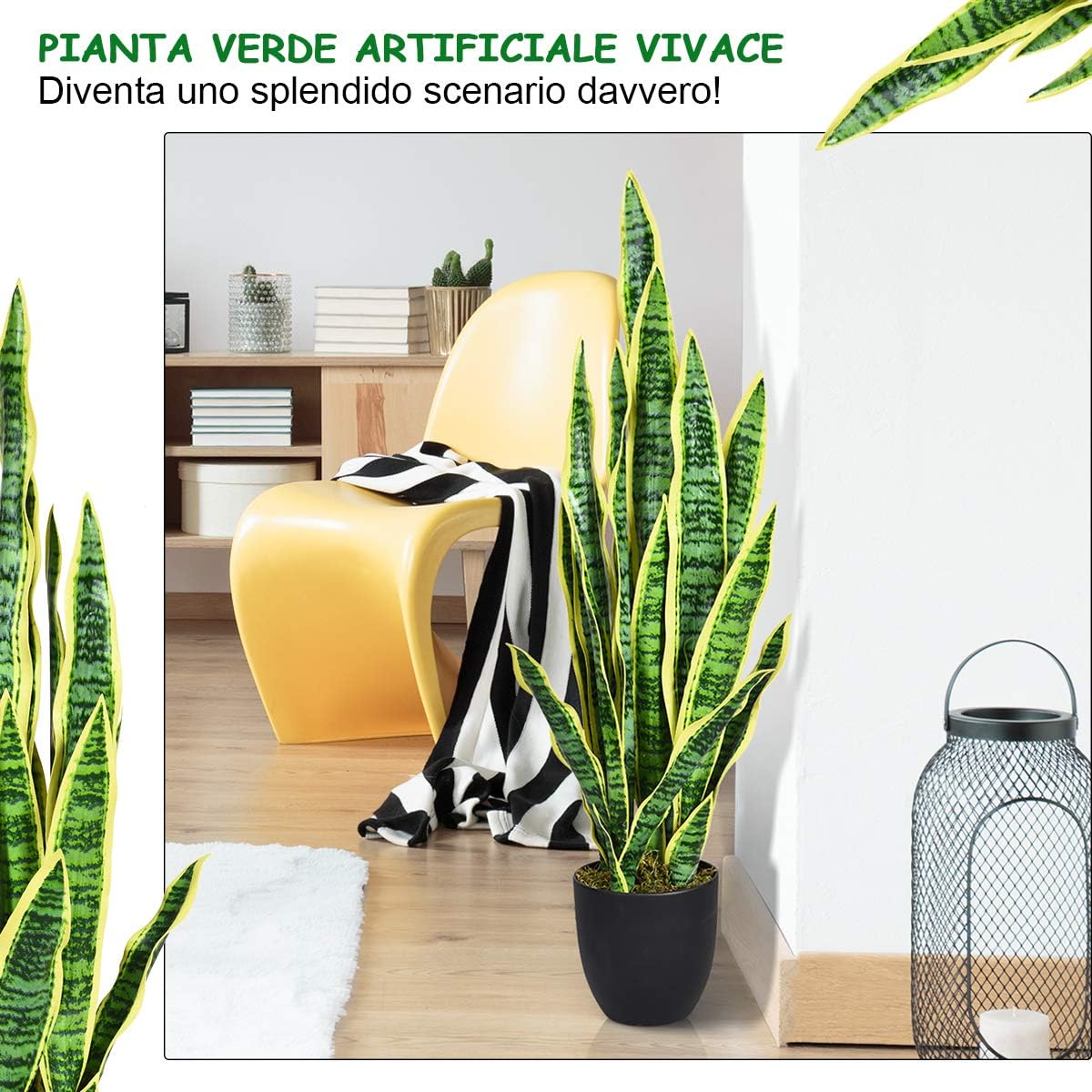 Pianta Artificiale sansevieria Finta da 90 cm con Serpente con Vaso e 20 Foglie, Agave Finta pianta Finta per casa Giardino Ufficio, Gialla