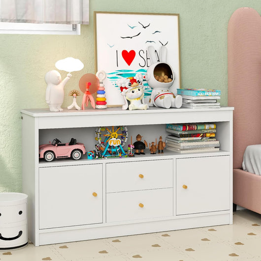 Organizzatore per Giocattoli per Bambini, Scaffale in Legno con Scomparto Aperto 2 Cassetti e 2 Ante, Mobile Multifunzionale per Sala Giochi Camera da Letto Asilo, 106x30x62 cm (Bianco)