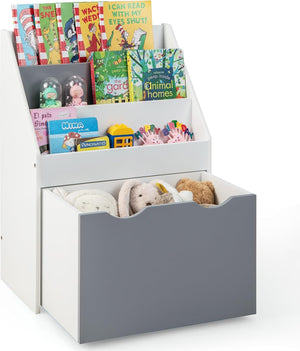 Scaffale per Bambini con 3 Ripiani e Scatola di Giocattoli, Libreria per Bambini e Bambine per Stanza dei Giochi, Soggiorno e Asilo, Grigio e Bianco