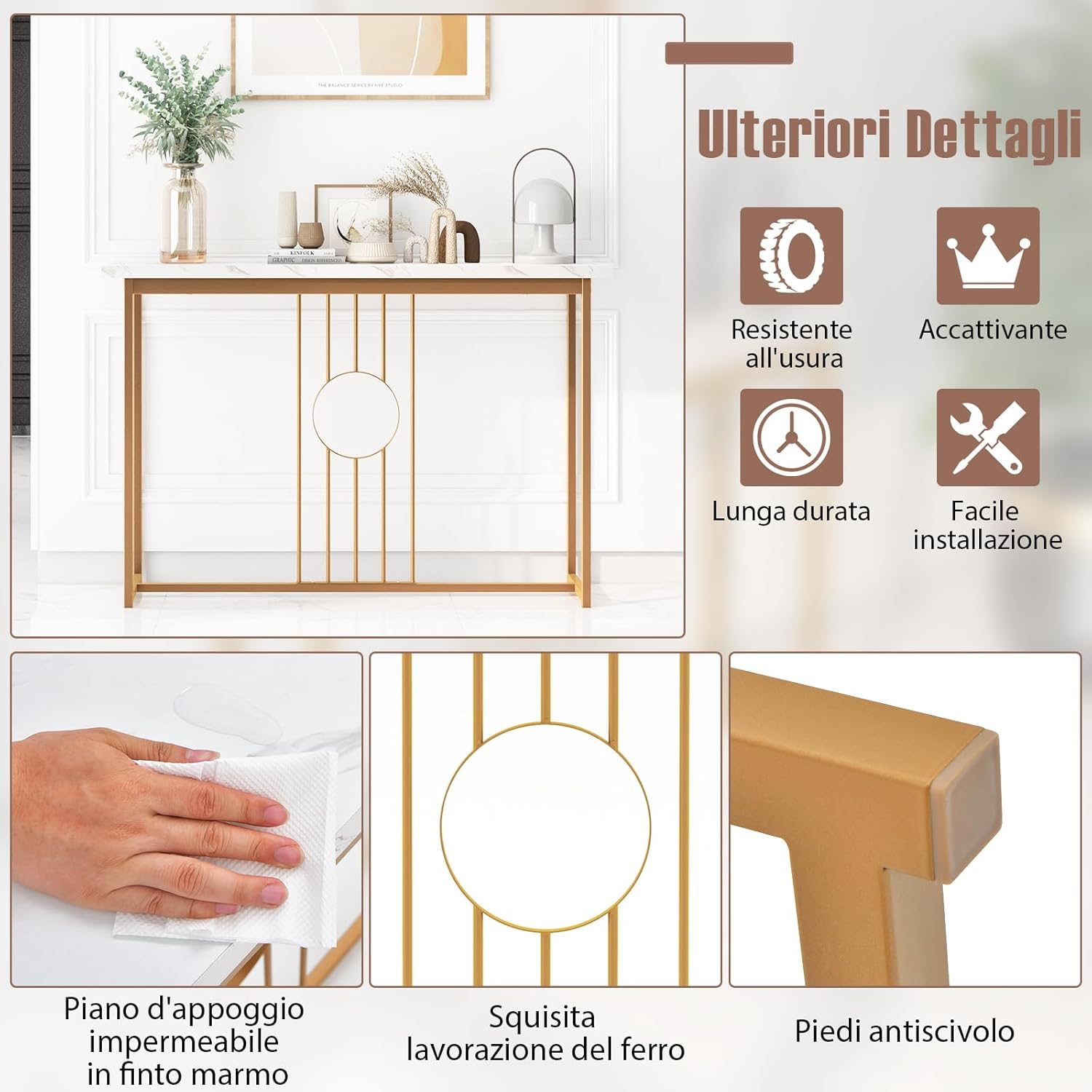 Tavolo Consolle 120CM, Tavolo Moderno con Piano Effetto Marmo, Struttura in Metallo Robusto e Piedini Regolabili, Tavolino da Divano per Soggiorno, Corridoio e Ingresso