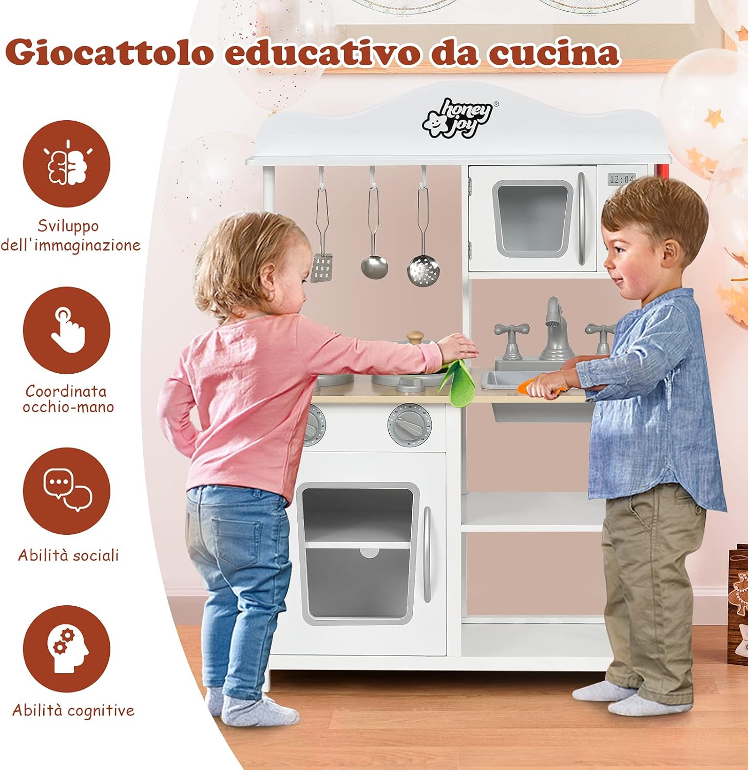 Cucina Giocattolo Per Bambini, Cucina di Legno con Accessori da Cucina, Set Cucina con Pentole e Utensili per Cucinare, Bianco