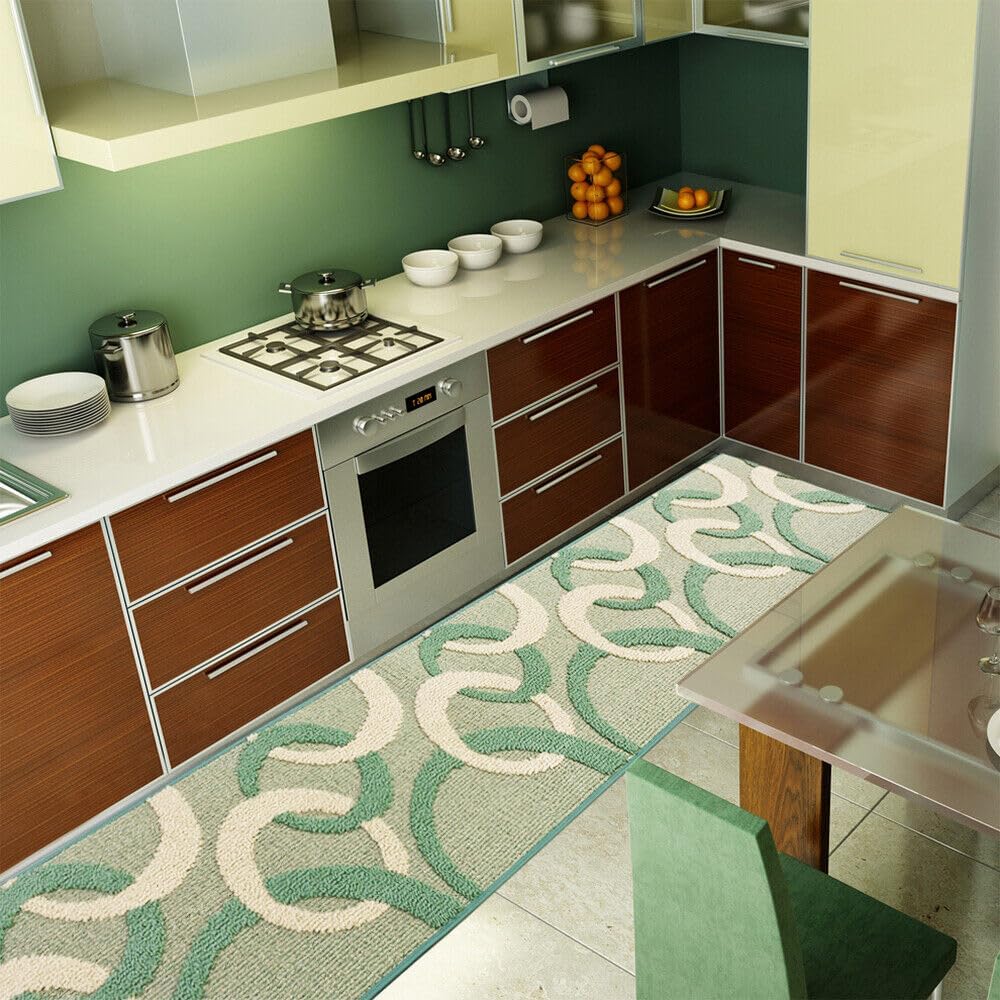 Tappeto Cucina Tridimensionale 50x135 cm Cerchi 3D Assorbente Morbido Moderno Antiscivolo Verde