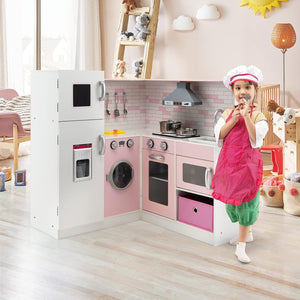 Cucina Giocattolo per Bambini in Legno, Mini Cucina Angolare per Bambini con Luci e Suoni Interattivi e Accessori per Cucina, Ideale per Bambini più di 3 Anni, Rosa