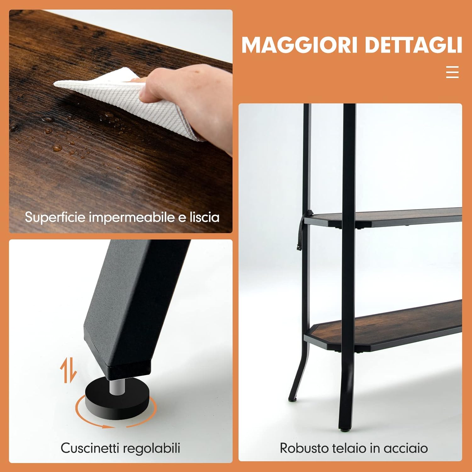 Tavolo d’Ingresso a 3 Livell in Legno, Tavolo Consolle Industriale con Ripiani Aperti, robusto Telaio d'Acciaio, Ideale per Corridoio e Soggiorno, 98 x 28 x 91,5 cm, Marrone