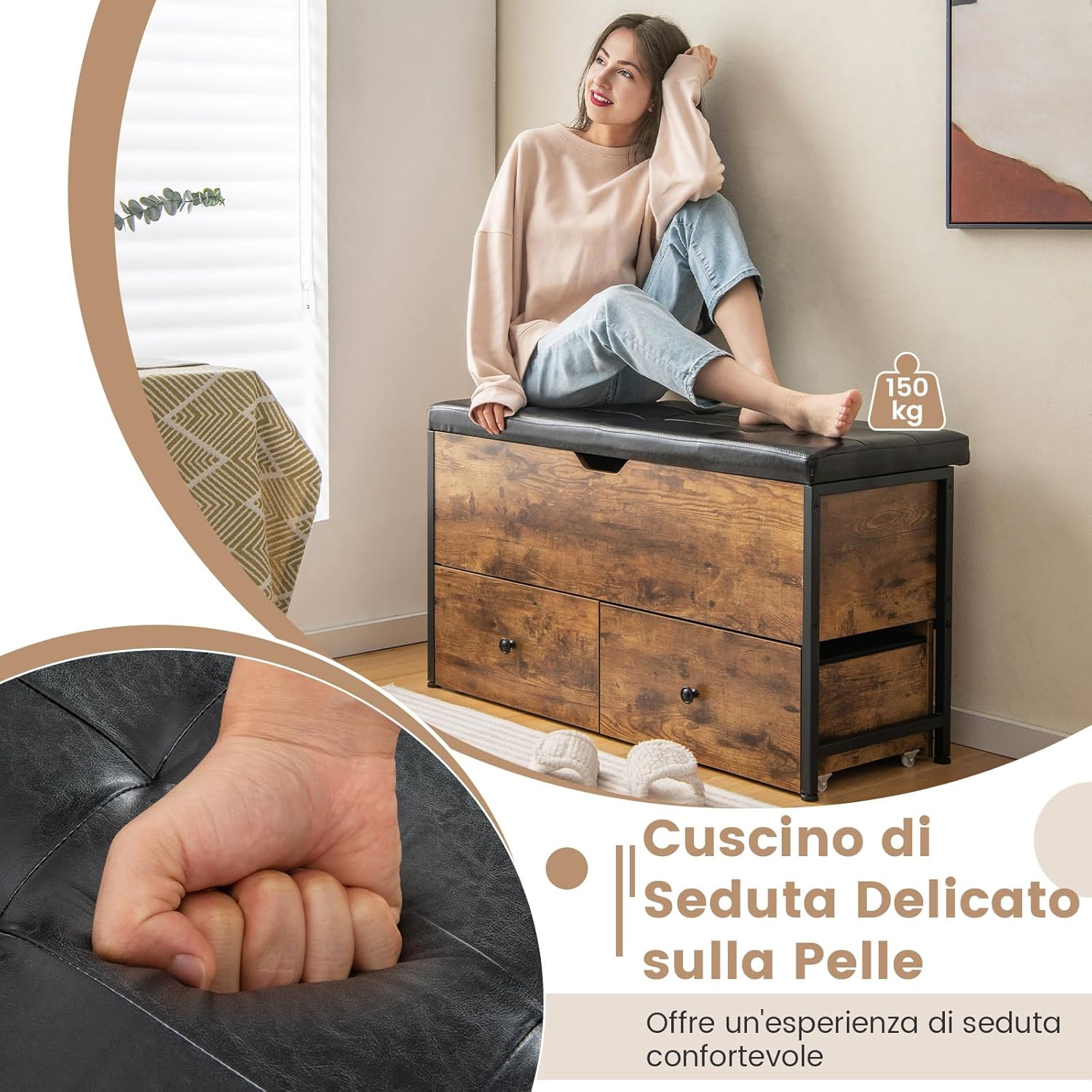 Cassapanca con Cuscino Sedile Imbottito e 2 Cassetti, Panca Contenitore in Legno con Chiusura di Sicurezza per Ingresso, Camera da Letto, Soggiorno, Portata 150 kg, Marrone Rustico