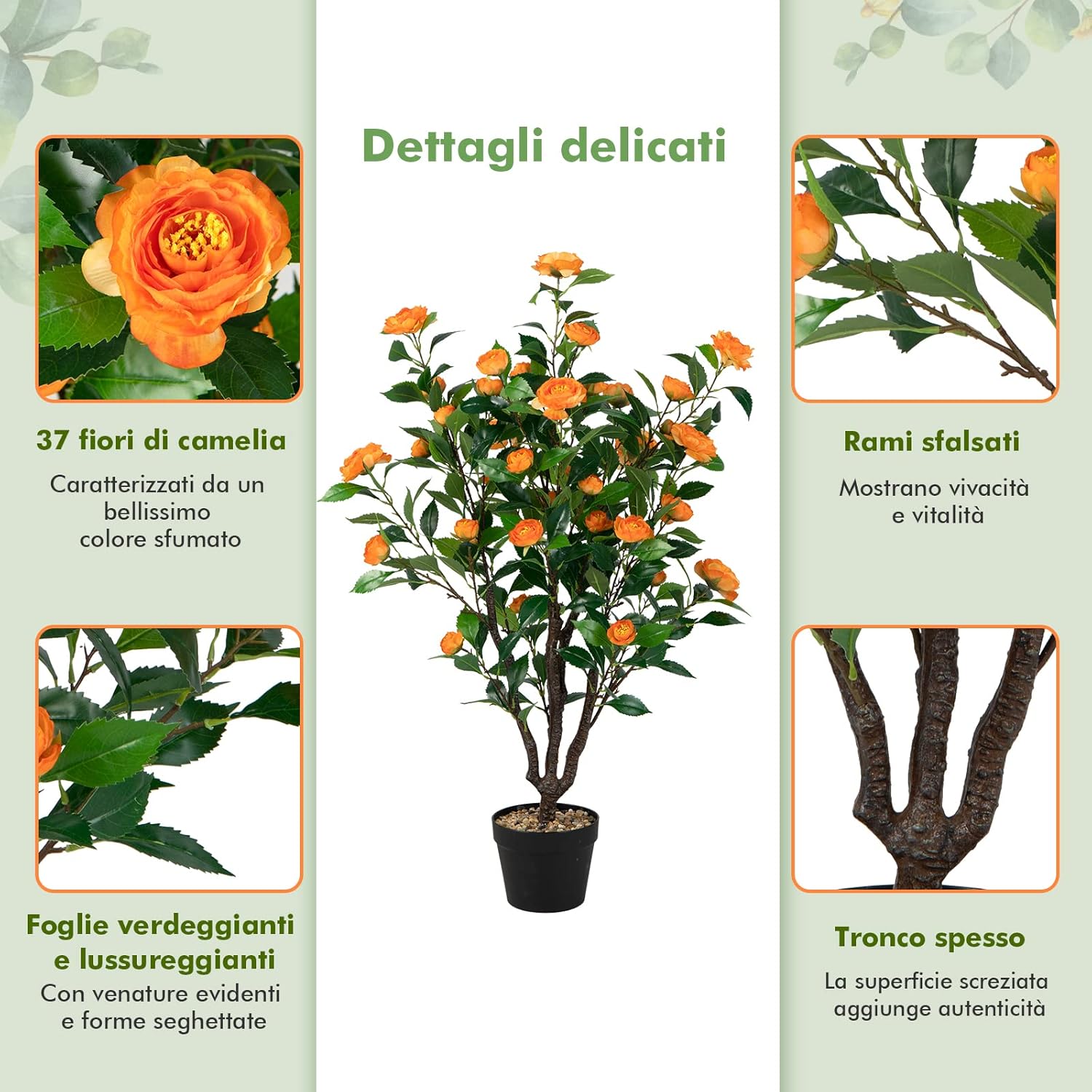 Pianta Finta da Interno da 102 cm, Albero di Camelia Artificiale con 37 Fiori Gialli, Vaso e Ciottoli di Pioggia, Pianta Finta per Soggiorno, Ufficio e Negozio