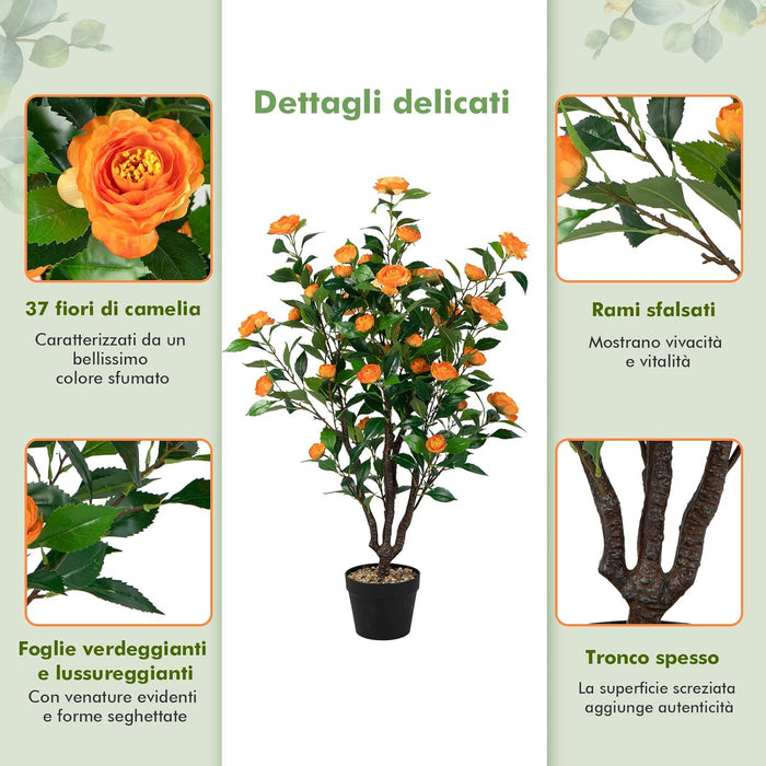 Pianta Finta da Interno da 102 cm, Albero di Camelia Artificiale con 37 Fiori Gialli, Vaso e Ciottoli di Pioggia, Pianta Finta per Soggiorno, Ufficio e Negozio