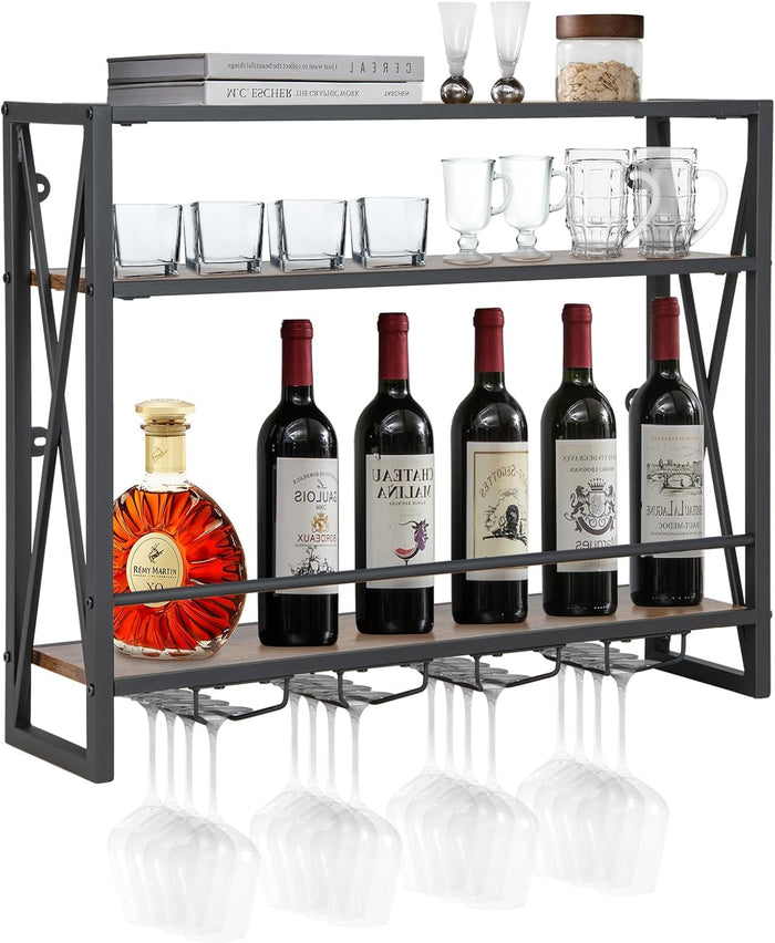 Portabottiglie per Vino da Parete Industriale, Scaffale di Stoccaggio per Vino a Parete a 2/3 Livelli con Porta Calici, in Metallo, per Casa, Bar, Cucina, Ristorante (80 x 20 x 63 cm)