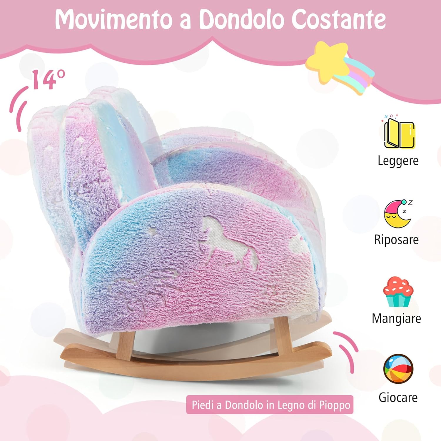 Sedia Dondolo per Bambini da 3 a 5 Anni, Poltrona in Flanella con Gambe in legno, Motivi che si Illuminano al Buio, per Cameretta e Soggiorno, 50 x 48 x 46 cm