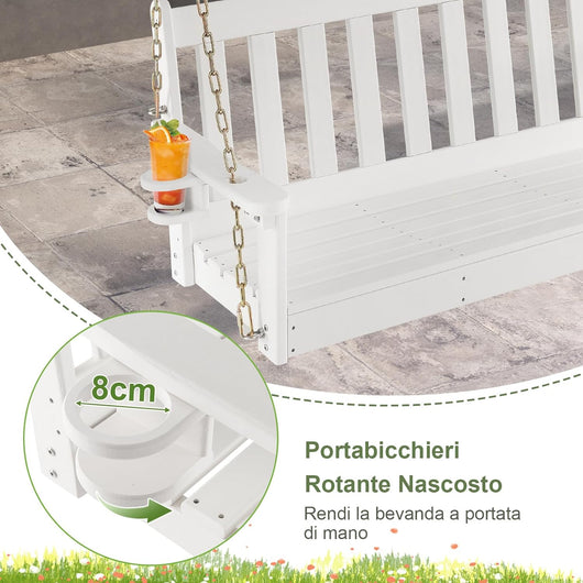 Dondolo Sospeso in HDPE 2 Posti, Panchina Sospesa da Esterno con Portabicchieri Nascosto e Catene Regolabili, da Giardino Terrazza Balcone, Portata 320 kg, 137 x 66 x 61 cm