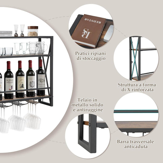 Portabottiglie per Vino da Parete Industriale, Scaffale di Stoccaggio per Vino a Parete a 2/3 Livelli con Porta Calici, in Metallo, per Casa, Bar, Cucina, Ristorante (80 x 20 x 63 cm)