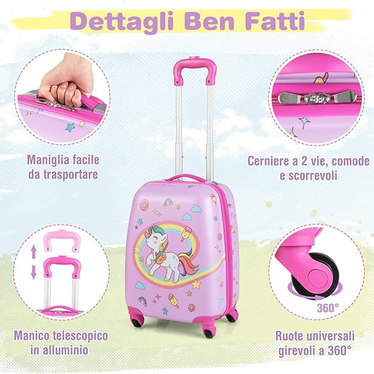 Set di Valigia per Bambini, 16" Valigia+ 12" Zaino, 2 Pezzi, con Ruote Girevoli a 360° e Maniglia Retrattile, Ideale per Viaggiare in Modo Comodo e Divertente (Modello 21)