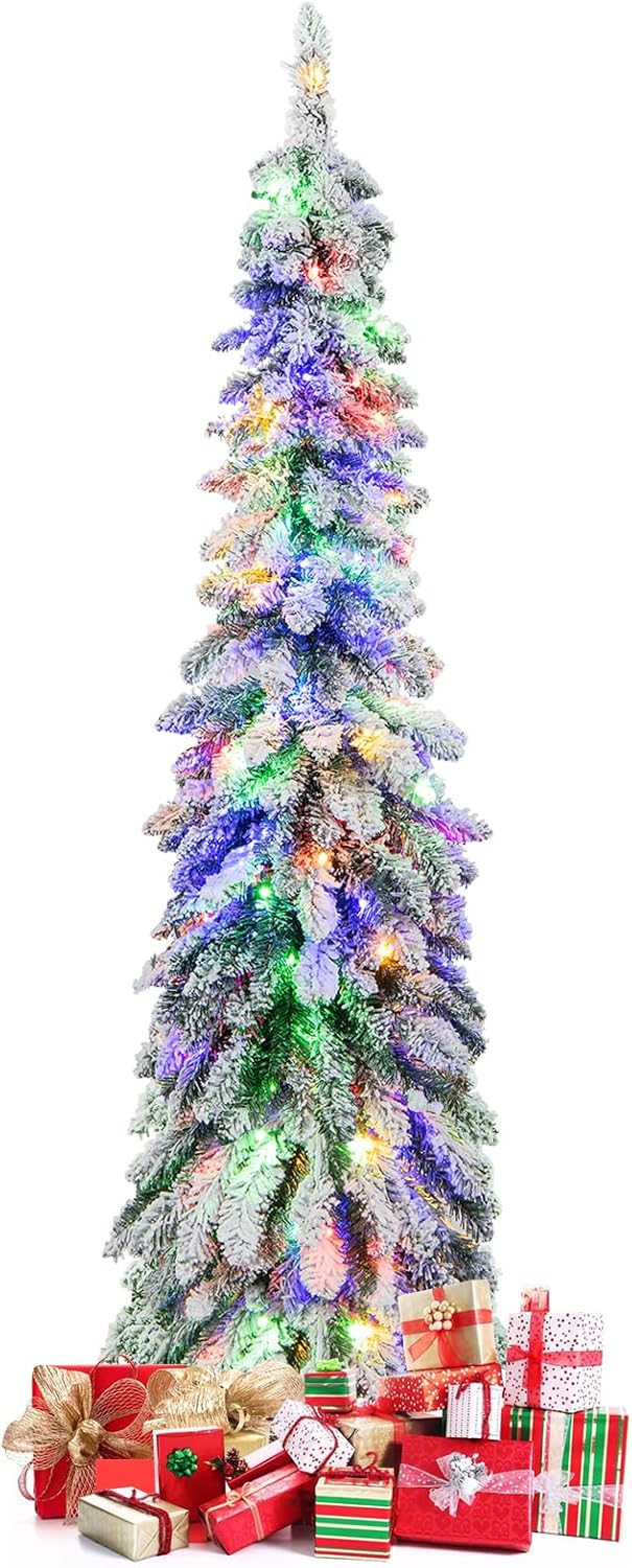 Albero di Natale Slim 120/150 CM, Albero di Natale Innevato con 225/334 Punte PVC, Timer, 100/150 Luci LED a 2 Colori e 11 Modalità di Illuminazione, Decorazione Natalizia Ideale (150 CM)