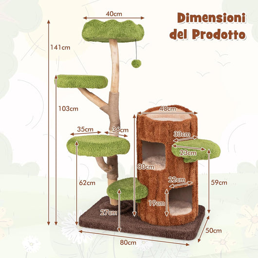 Tiragraffi a Forma di Albero per Gatti 141cm, Albero per Animali Domestici con 2 Piani, Pali per Graffiare, Pannello in Sisal, Trespolo Superiore e Piattaforma Rotonda, Torre Moderno Interno