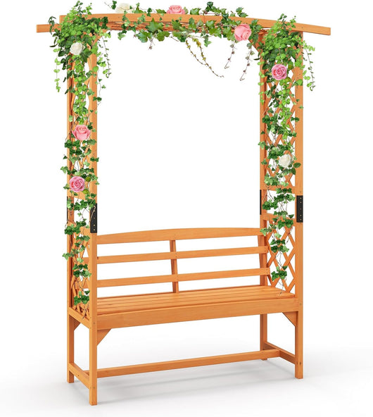 Panchina 2 Posti con Arco da Giardino per Rose e Rampicanti, Pengolato con Panchina in Legno di Abete, Graticcio per Piante da Esterno per Balcone, Cortile e Terrazzo (160 x 50 x 199 cm)