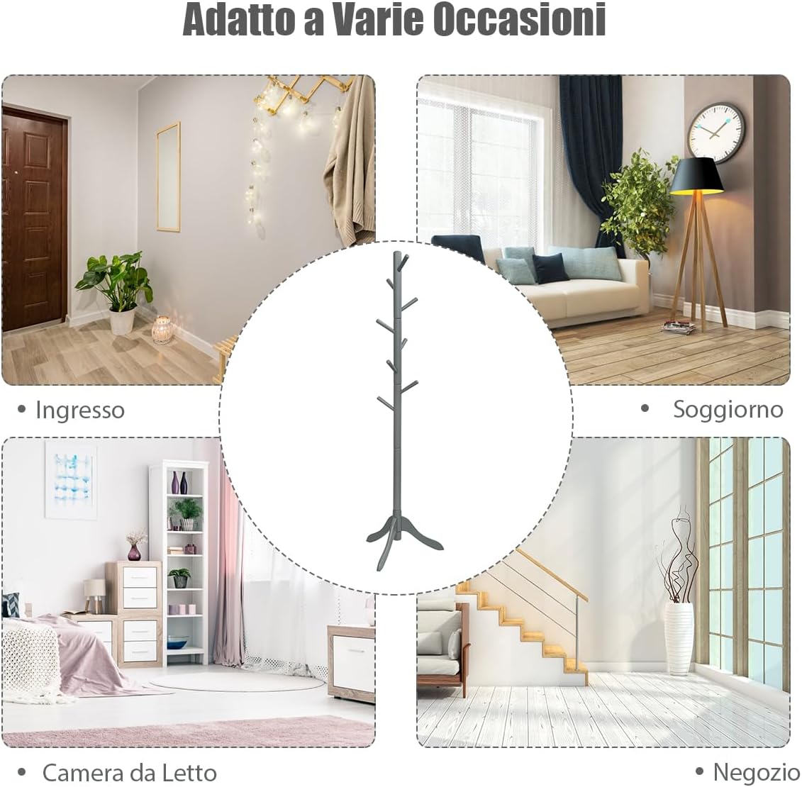 Attaccapanni in Legno, Attaccapanni da Terra con 8 Ganci Regolabili in Altezza, Albero Porta Abiti per Camera da Letto Soggiorno Ingresso e Ufficio, Carico 56 kg (Grigio)